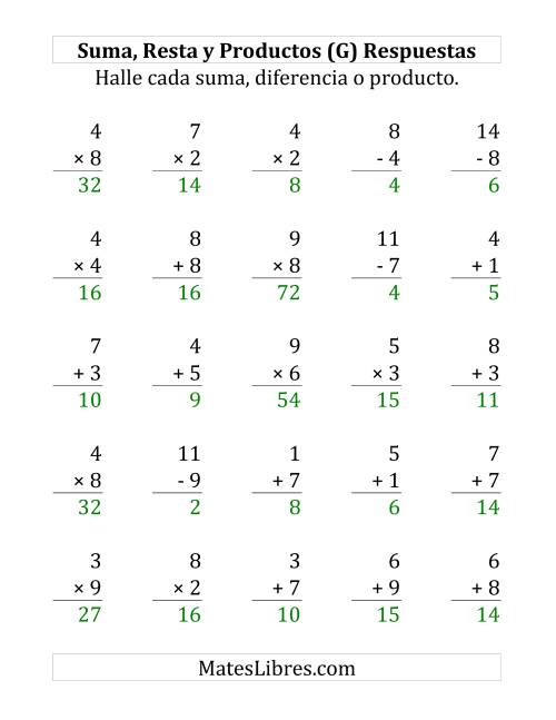 La hoja de ejercicios de 25 Ejercicios de Suma, Resta y Multiplicación (de 1 a 9) (G) Página 2
