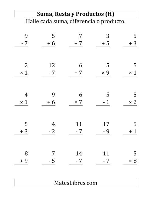 La hoja de ejercicios de 25 Ejercicios de Suma, Resta y Multiplicación (de 1 a 9) (H)