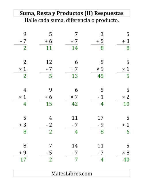 La hoja de ejercicios de 25 Ejercicios de Suma, Resta y Multiplicación (de 1 a 9) (H) Página 2