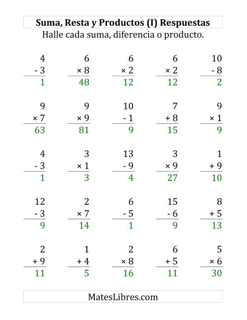 La hoja de ejercicios de 25 Ejercicios de Suma, Resta y Multiplicación (de 1 a 9) (I) Página 2