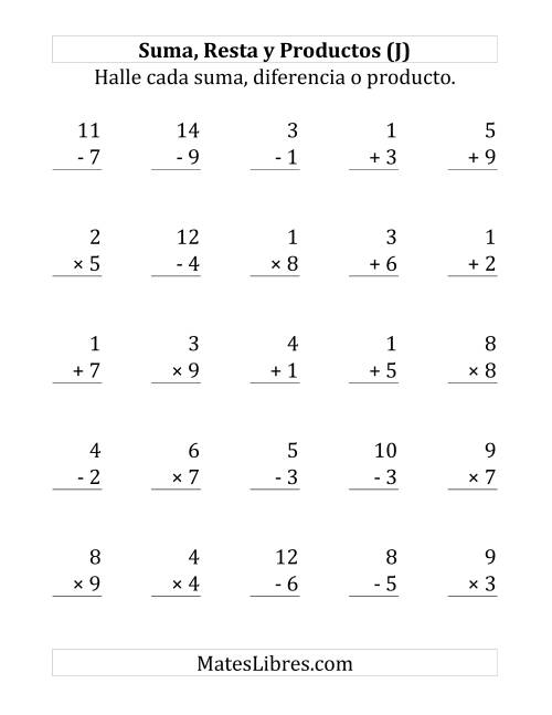 La hoja de ejercicios de 25 Ejercicios de Suma, Resta y Multiplicación (de 1 a 9) (J)
