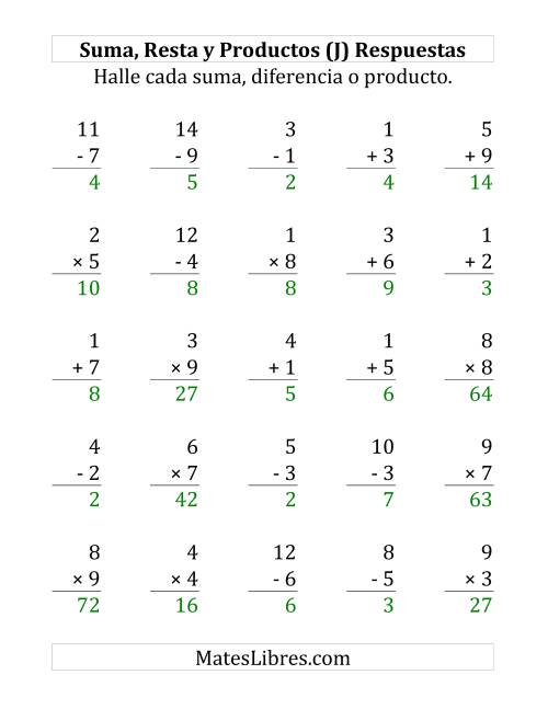 La hoja de ejercicios de 25 Ejercicios de Suma, Resta y Multiplicación (de 1 a 9) (J) Página 2
