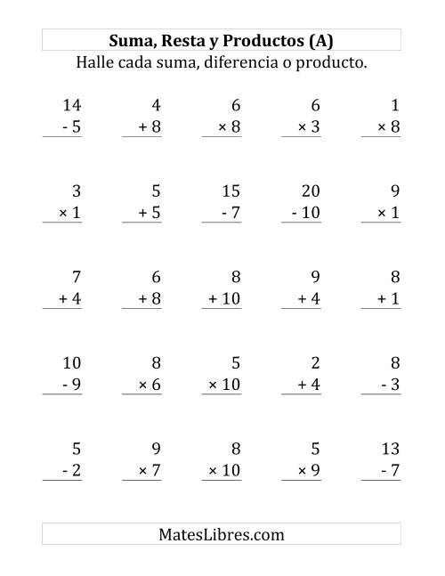 La hoja de ejercicios de 25 Ejercicios de Suma, Resta y Multiplicación (de 1 a 10) (A)