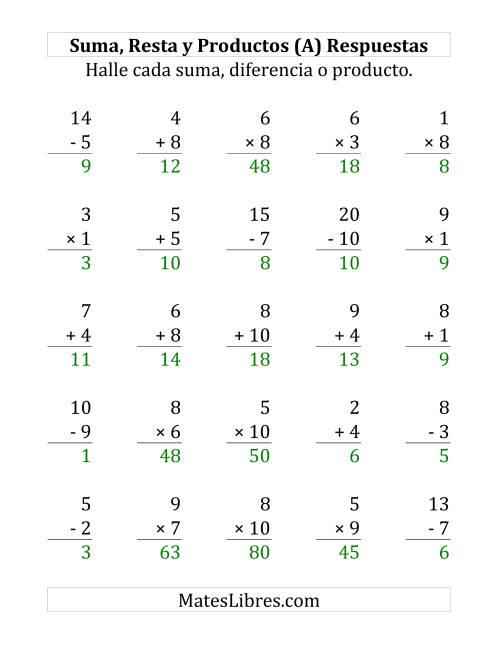 La hoja de ejercicios de 25 Ejercicios de Suma, Resta y Multiplicación (de 1 a 10) (A) Página 2