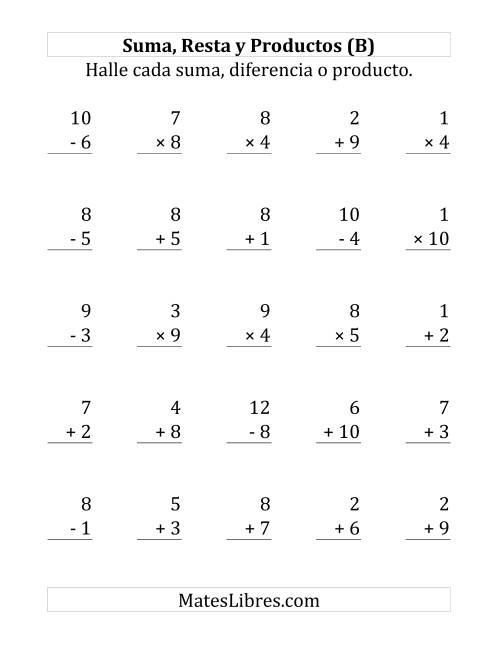 La hoja de ejercicios de 25 Ejercicios de Suma, Resta y Multiplicación (de 1 a 10) (B)