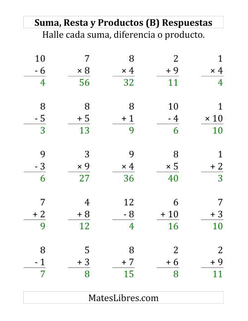 La hoja de ejercicios de 25 Ejercicios de Suma, Resta y Multiplicación (de 1 a 10) (B) Página 2