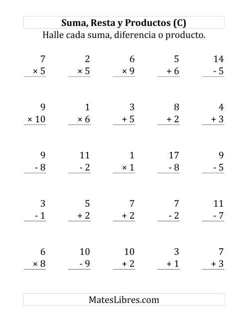 La hoja de ejercicios de 25 Ejercicios de Suma, Resta y Multiplicación (de 1 a 10) (C)