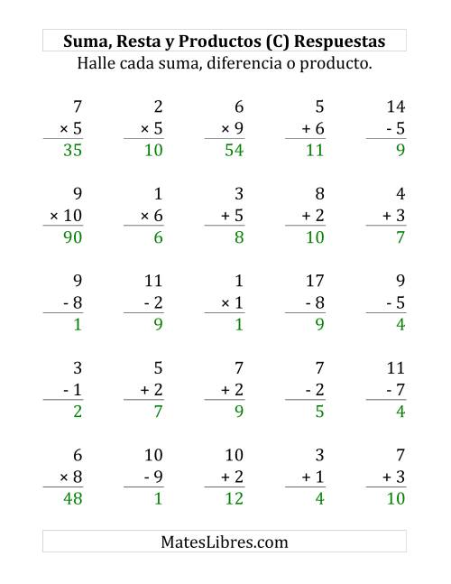 La hoja de ejercicios de 25 Ejercicios de Suma, Resta y Multiplicación (de 1 a 10) (C) Página 2