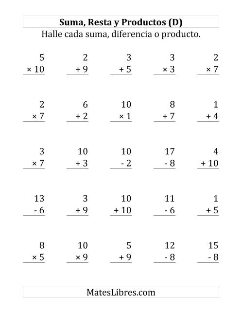 La hoja de ejercicios de 25 Ejercicios de Suma, Resta y Multiplicación (de 1 a 10) (D)
