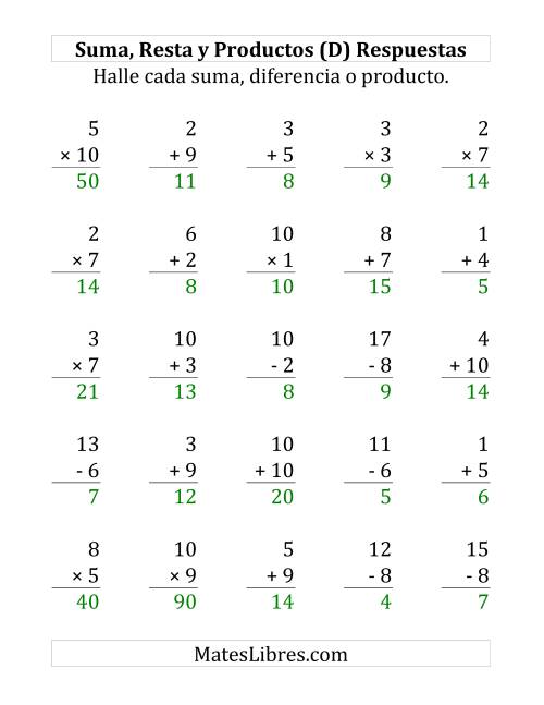 La hoja de ejercicios de 25 Ejercicios de Suma, Resta y Multiplicación (de 1 a 10) (D) Página 2