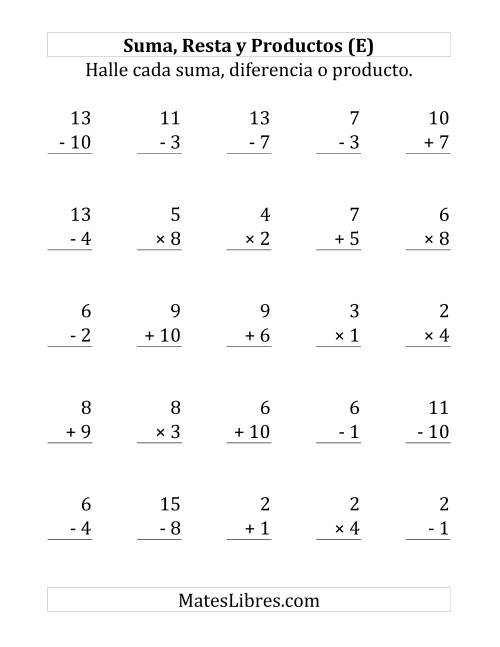 La hoja de ejercicios de 25 Ejercicios de Suma, Resta y Multiplicación (de 1 a 10) (E)