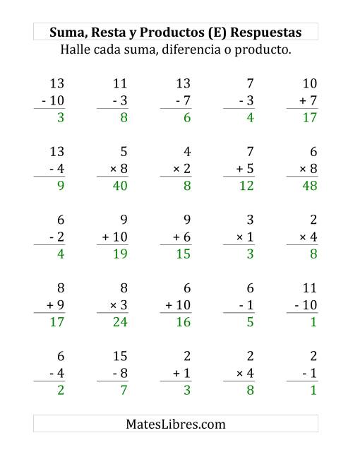 La hoja de ejercicios de 25 Ejercicios de Suma, Resta y Multiplicación (de 1 a 10) (E) Página 2