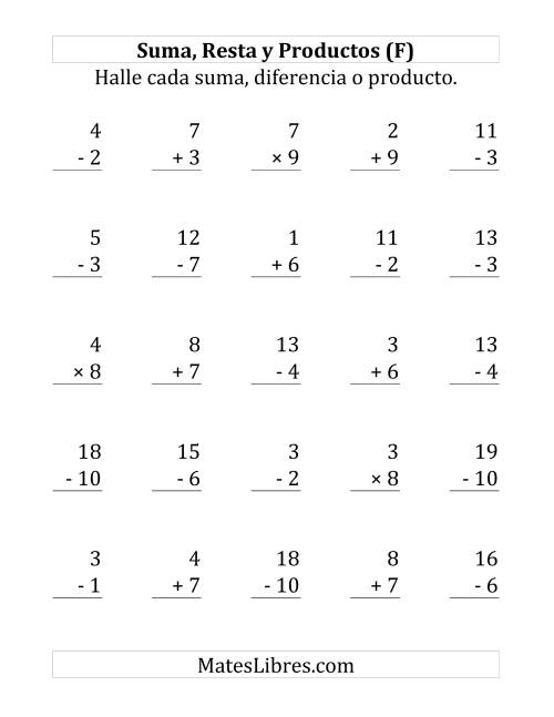 La hoja de ejercicios de 25 Ejercicios de Suma, Resta y Multiplicación (de 1 a 10) (F)
