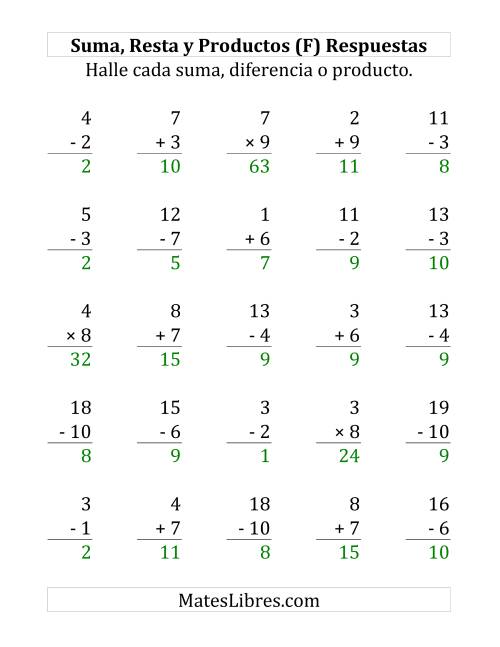 La hoja de ejercicios de 25 Ejercicios de Suma, Resta y Multiplicación (de 1 a 10) (F) Página 2