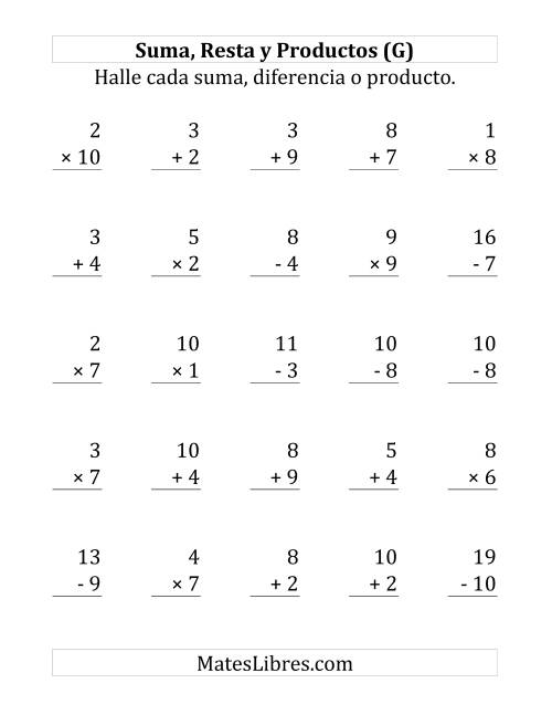 La hoja de ejercicios de 25 Ejercicios de Suma, Resta y Multiplicación (de 1 a 10) (G)