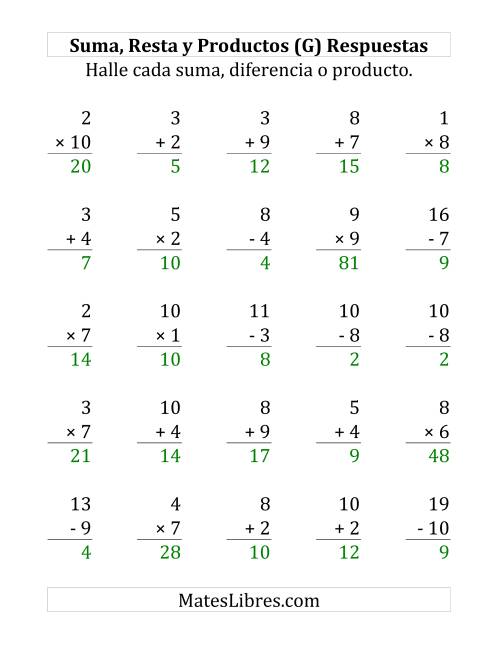 La hoja de ejercicios de 25 Ejercicios de Suma, Resta y Multiplicación (de 1 a 10) (G) Página 2