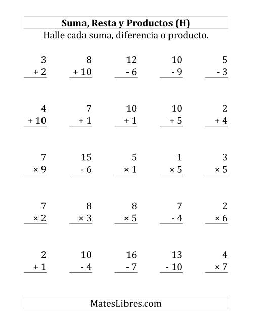 La hoja de ejercicios de 25 Ejercicios de Suma, Resta y Multiplicación (de 1 a 10) (H)
