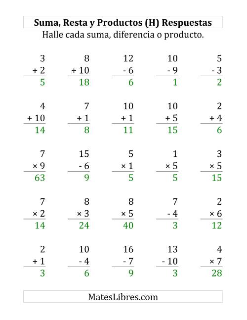 La hoja de ejercicios de 25 Ejercicios de Suma, Resta y Multiplicación (de 1 a 10) (H) Página 2