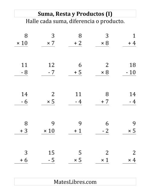 La hoja de ejercicios de 25 Ejercicios de Suma, Resta y Multiplicación (de 1 a 10) (I)
