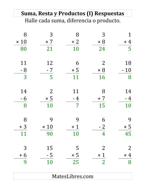 La hoja de ejercicios de 25 Ejercicios de Suma, Resta y Multiplicación (de 1 a 10) (I) Página 2