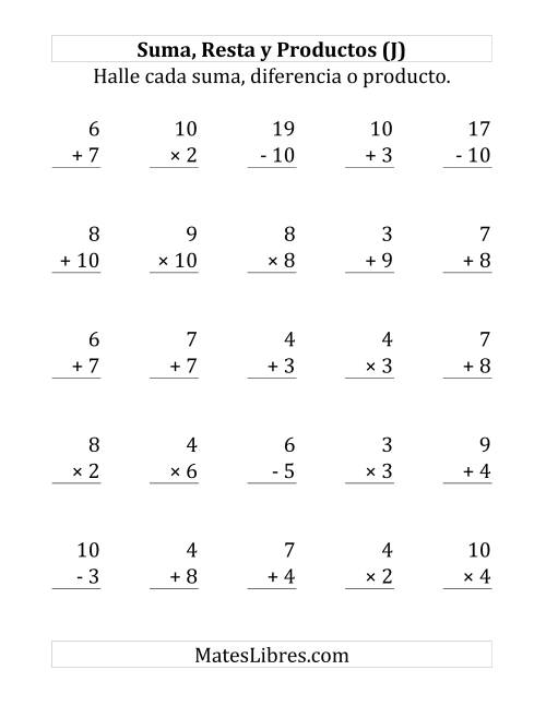 La hoja de ejercicios de 25 Ejercicios de Suma, Resta y Multiplicación (de 1 a 10) (J)