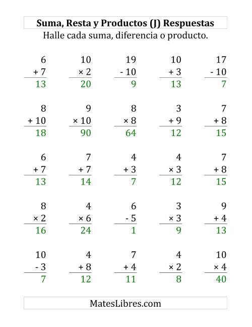 La hoja de ejercicios de 25 Ejercicios de Suma, Resta y Multiplicación (de 1 a 10) (J) Página 2