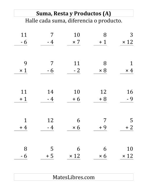 La hoja de ejercicios de 25 Ejercicios de Suma, Resta y Multiplicación (de 1 a 12) (A)