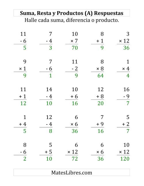 La hoja de ejercicios de 25 Ejercicios de Suma, Resta y Multiplicación (de 1 a 12) (A) Página 2
