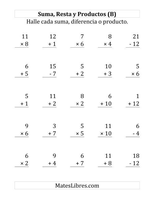 La hoja de ejercicios de 25 Ejercicios de Suma, Resta y Multiplicación (de 1 a 12) (B)