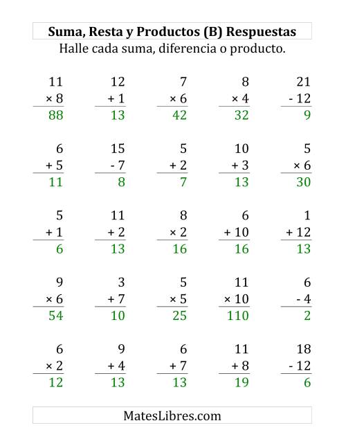 La hoja de ejercicios de 25 Ejercicios de Suma, Resta y Multiplicación (de 1 a 12) (B) Página 2