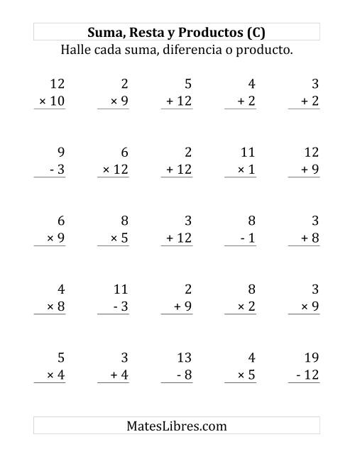 La hoja de ejercicios de 25 Ejercicios de Suma, Resta y Multiplicación (de 1 a 12) (C)