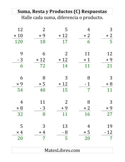 La hoja de ejercicios de 25 Ejercicios de Suma, Resta y Multiplicación (de 1 a 12) (C) Página 2