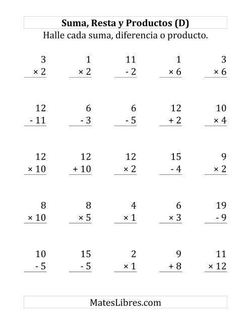 La hoja de ejercicios de 25 Ejercicios de Suma, Resta y Multiplicación (de 1 a 12) (D)
