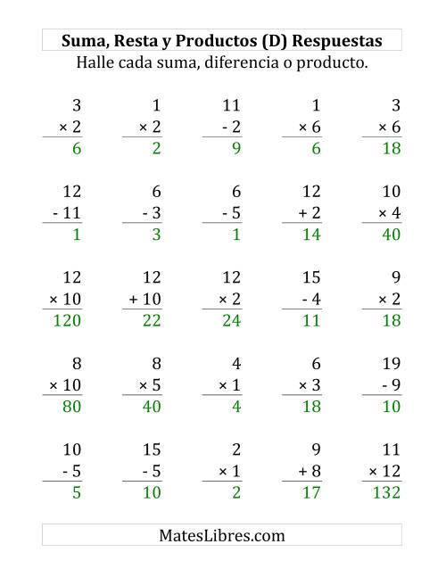 La hoja de ejercicios de 25 Ejercicios de Suma, Resta y Multiplicación (de 1 a 12) (D) Página 2