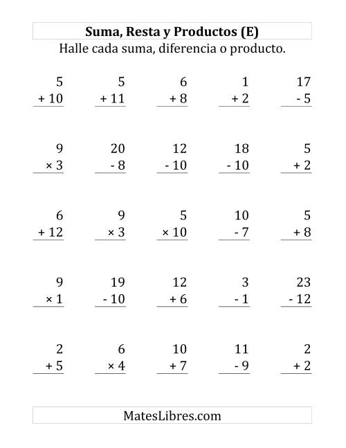 La hoja de ejercicios de 25 Ejercicios de Suma, Resta y Multiplicación (de 1 a 12) (E)