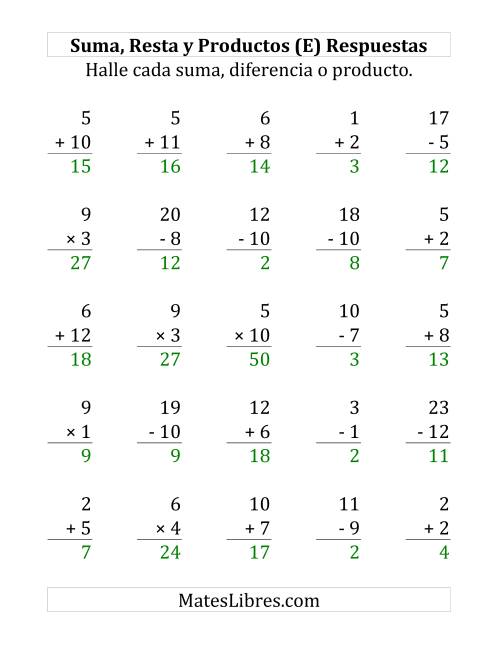 La hoja de ejercicios de 25 Ejercicios de Suma, Resta y Multiplicación (de 1 a 12) (E) Página 2