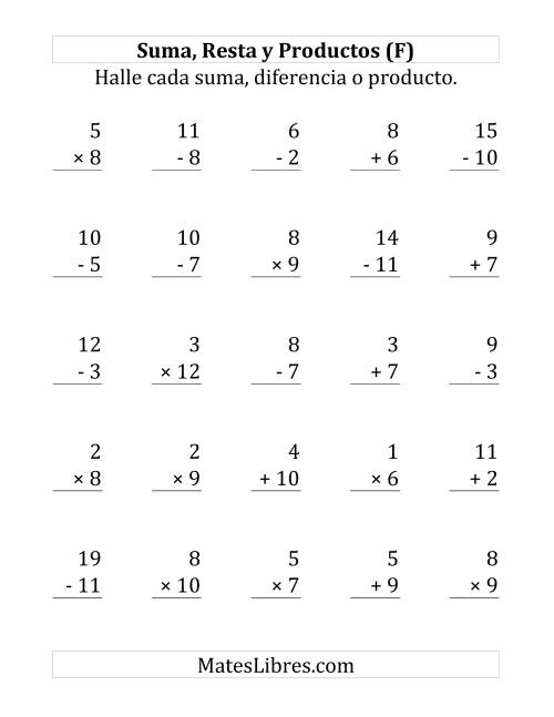 La hoja de ejercicios de 25 Ejercicios de Suma, Resta y Multiplicación (de 1 a 12) (F)