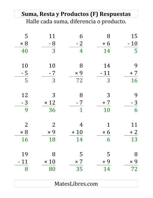 La hoja de ejercicios de 25 Ejercicios de Suma, Resta y Multiplicación (de 1 a 12) (F) Página 2