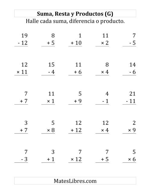 La hoja de ejercicios de 25 Ejercicios de Suma, Resta y Multiplicación (de 1 a 12) (G)