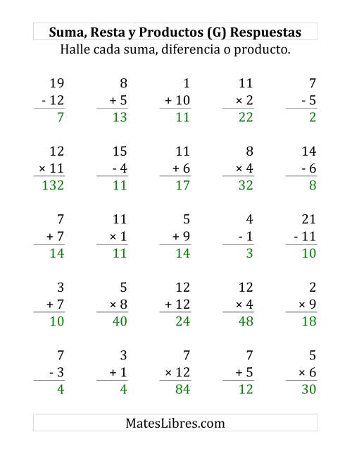 La hoja de ejercicios de 25 Ejercicios de Suma, Resta y Multiplicación (de 1 a 12) (G) Página 2