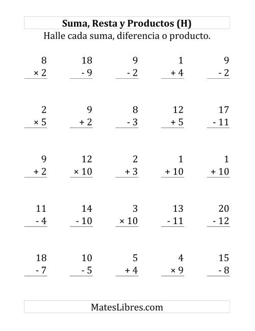 La hoja de ejercicios de 25 Ejercicios de Suma, Resta y Multiplicación (de 1 a 12) (H)