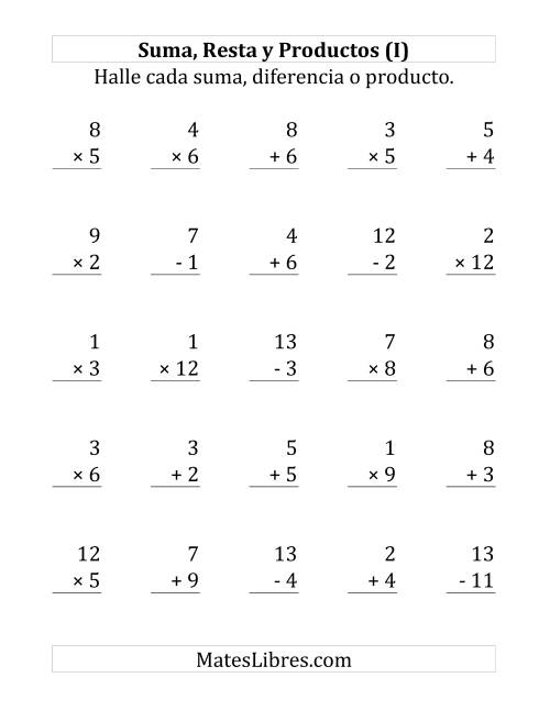 La hoja de ejercicios de 25 Ejercicios de Suma, Resta y Multiplicación (de 1 a 12) (I)