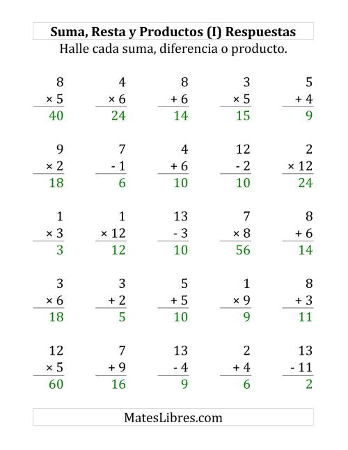 La hoja de ejercicios de 25 Ejercicios de Suma, Resta y Multiplicación (de 1 a 12) (I) Página 2