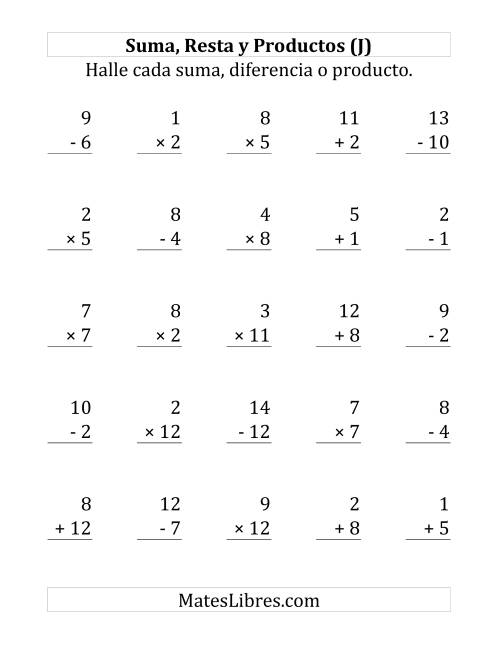 La hoja de ejercicios de 25 Ejercicios de Suma, Resta y Multiplicación (de 1 a 12) (J)