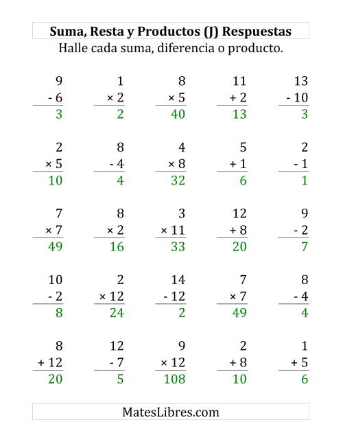 La hoja de ejercicios de 25 Ejercicios de Suma, Resta y Multiplicación (de 1 a 12) (J) Página 2