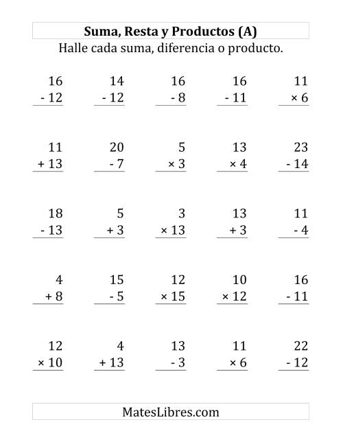 La hoja de ejercicios de 25 Ejercicios de Suma, Resta y Multiplicación (de 1 a 15) (A)