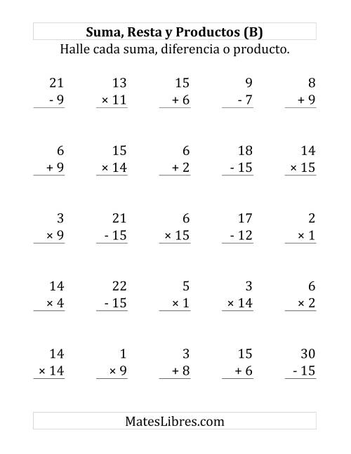 La hoja de ejercicios de 25 Ejercicios de Suma, Resta y Multiplicación (de 1 a 15) (B)