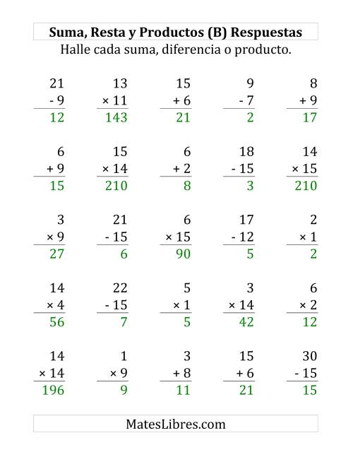 La hoja de ejercicios de 25 Ejercicios de Suma, Resta y Multiplicación (de 1 a 15) (B) Página 2