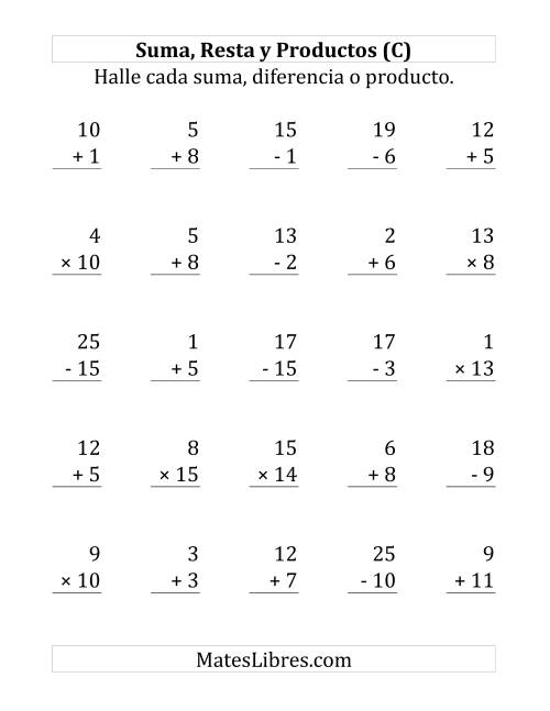 La hoja de ejercicios de 25 Ejercicios de Suma, Resta y Multiplicación (de 1 a 15) (C)