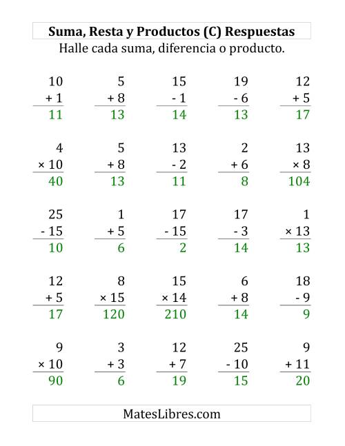 La hoja de ejercicios de 25 Ejercicios de Suma, Resta y Multiplicación (de 1 a 15) (C) Página 2
